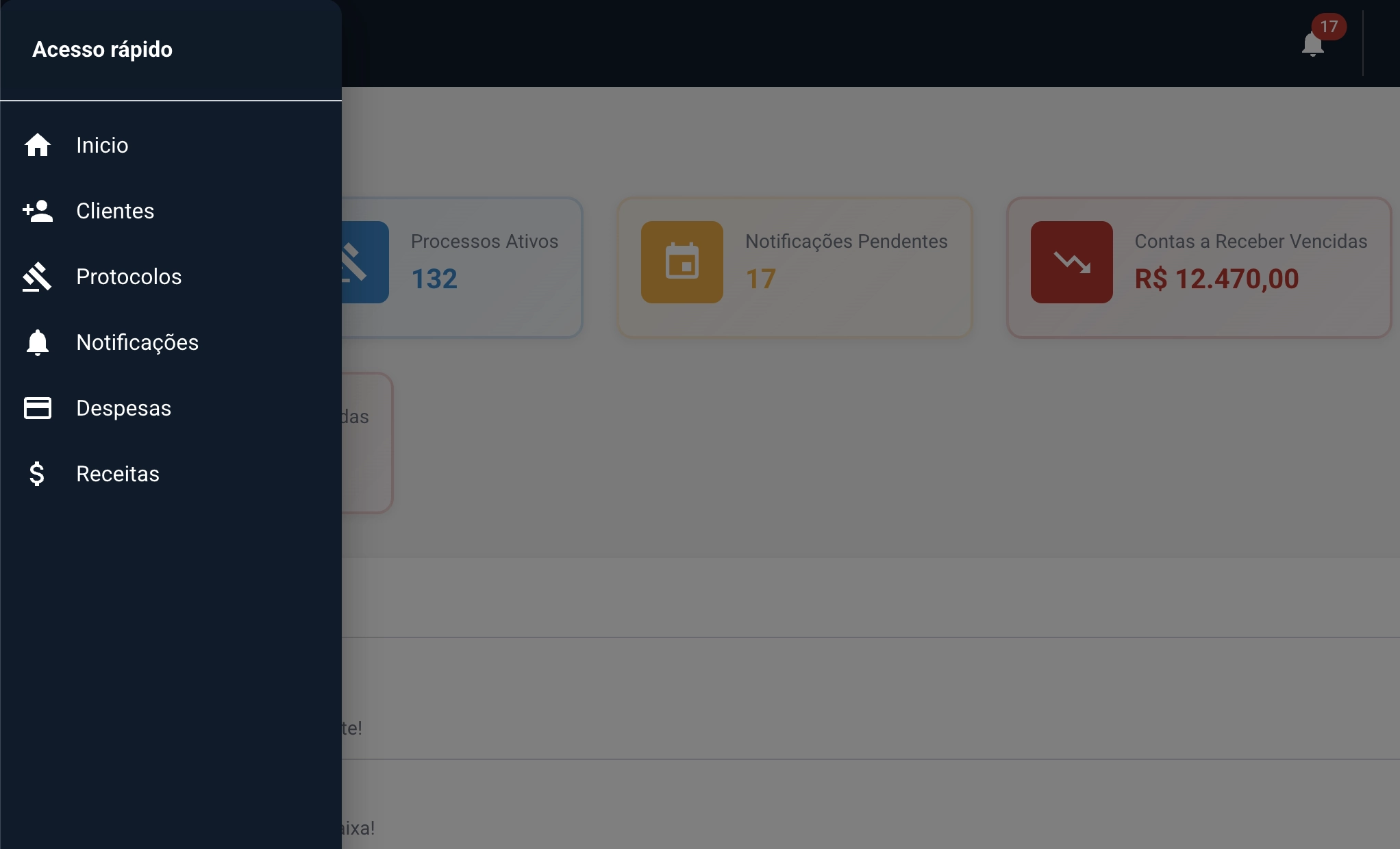 Dashboard do LegalCase mostrando painel de controle com gestão de processos jurídicos, clientes, prazos e notificações em tempo real